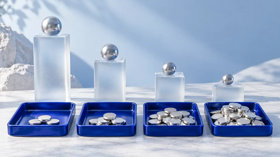 Equal blue trays hold different token quantities to illustrate fixed-amount buying.
