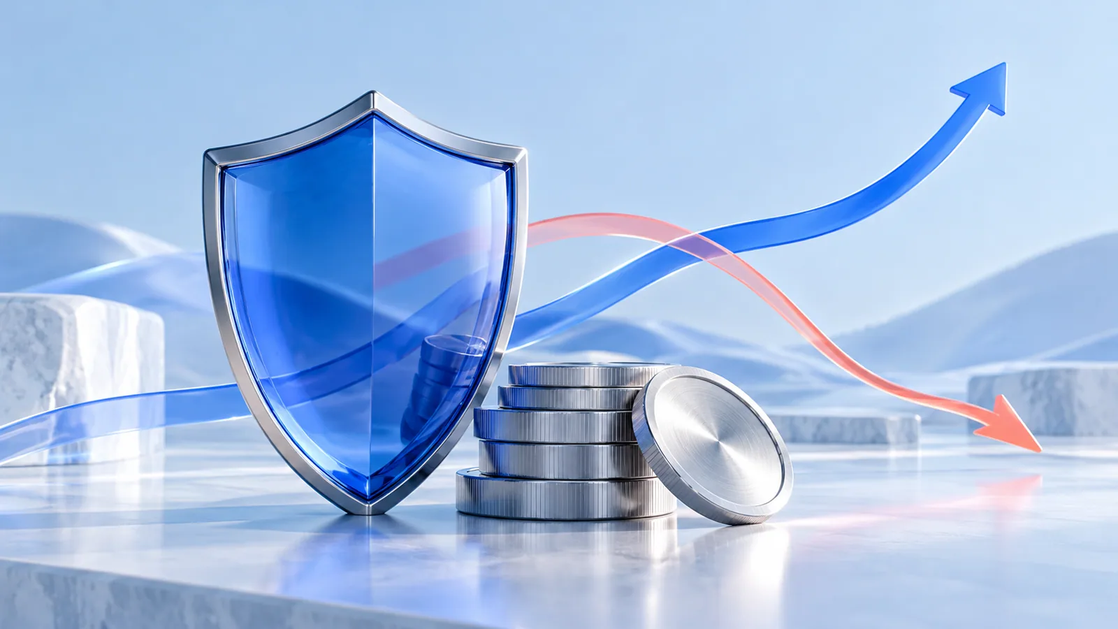 A blue shield and diverging price paths represent a planned trade exit.