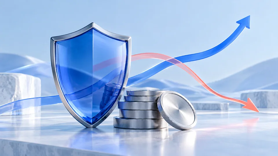 A blue shield and diverging price paths represent a planned trade exit.