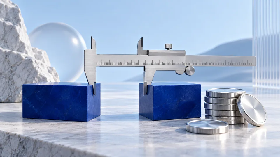 A metal caliper measures a gap beside tokens to illustrate position sizing.
