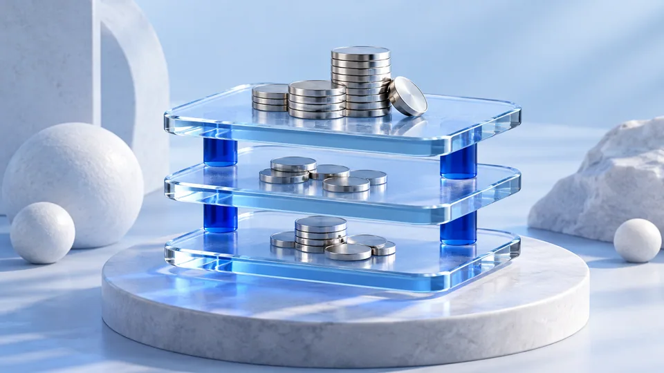 Layers of glass and tokens illustrate separate trading-cost components.