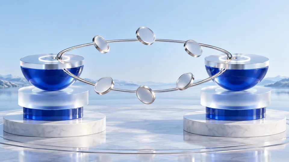 Tokens move between two balanced blue platforms to illustrate funding payments.