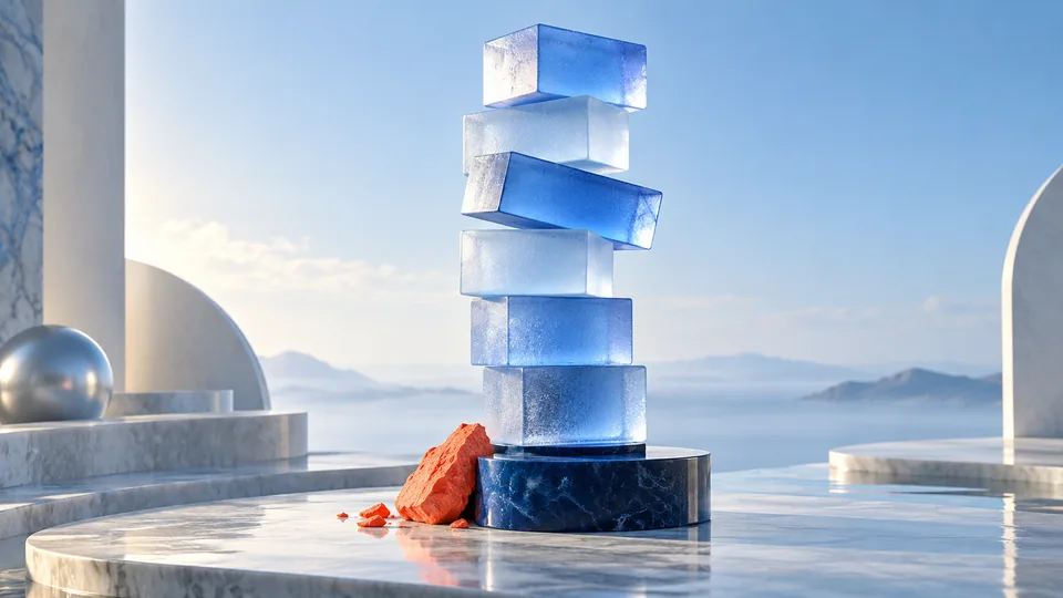 A tall glass-block tower on a small base represents leveraged exposure.
