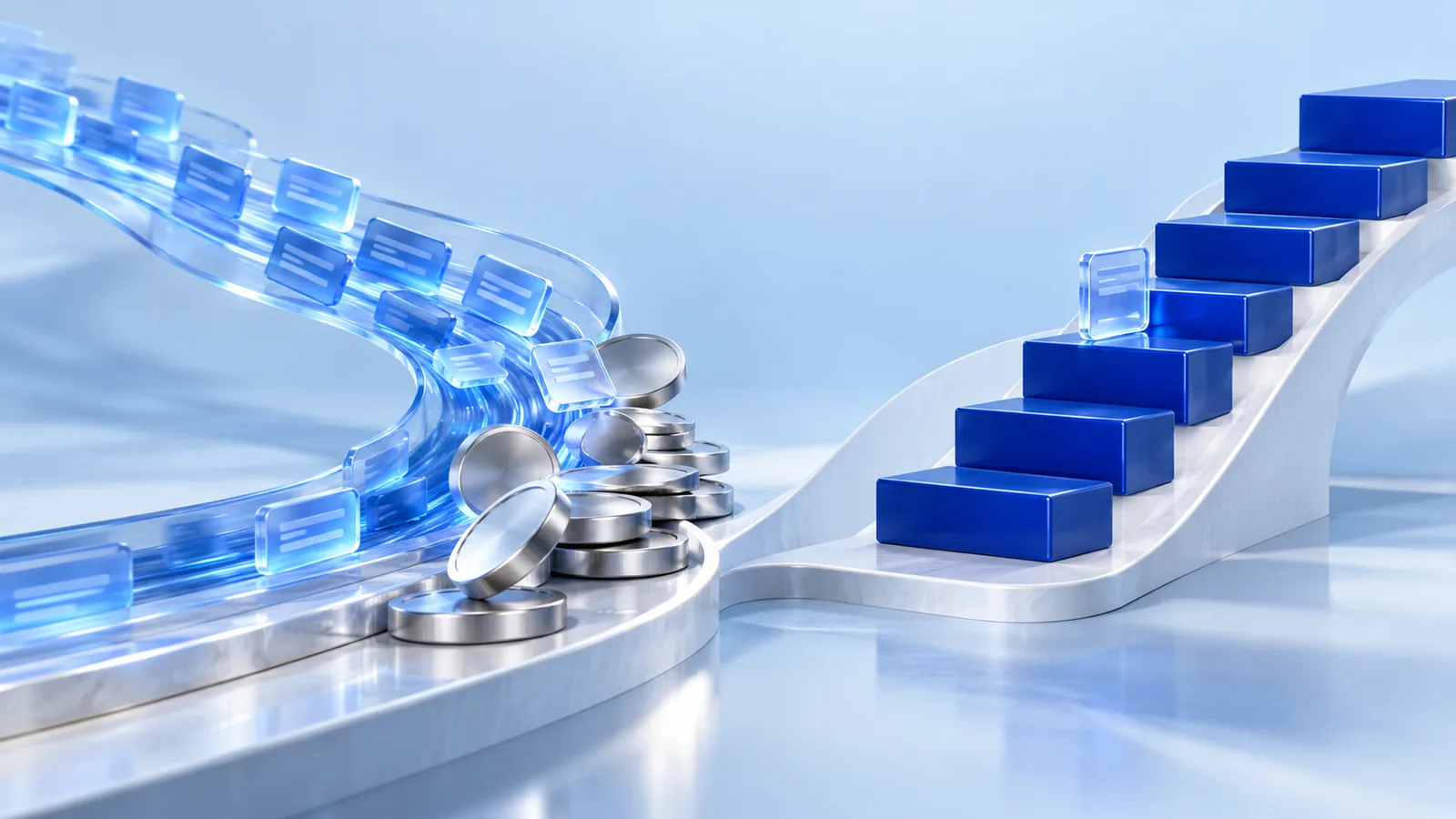 Blue order tickets and stepped price blocks illustrate speed and price control.