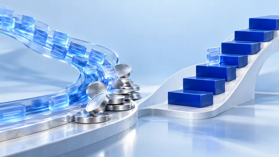 Blue order tickets and stepped price blocks illustrate speed and price control.