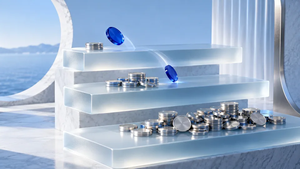 Tokens on glass shelves illustrate liquidity available at different price levels.